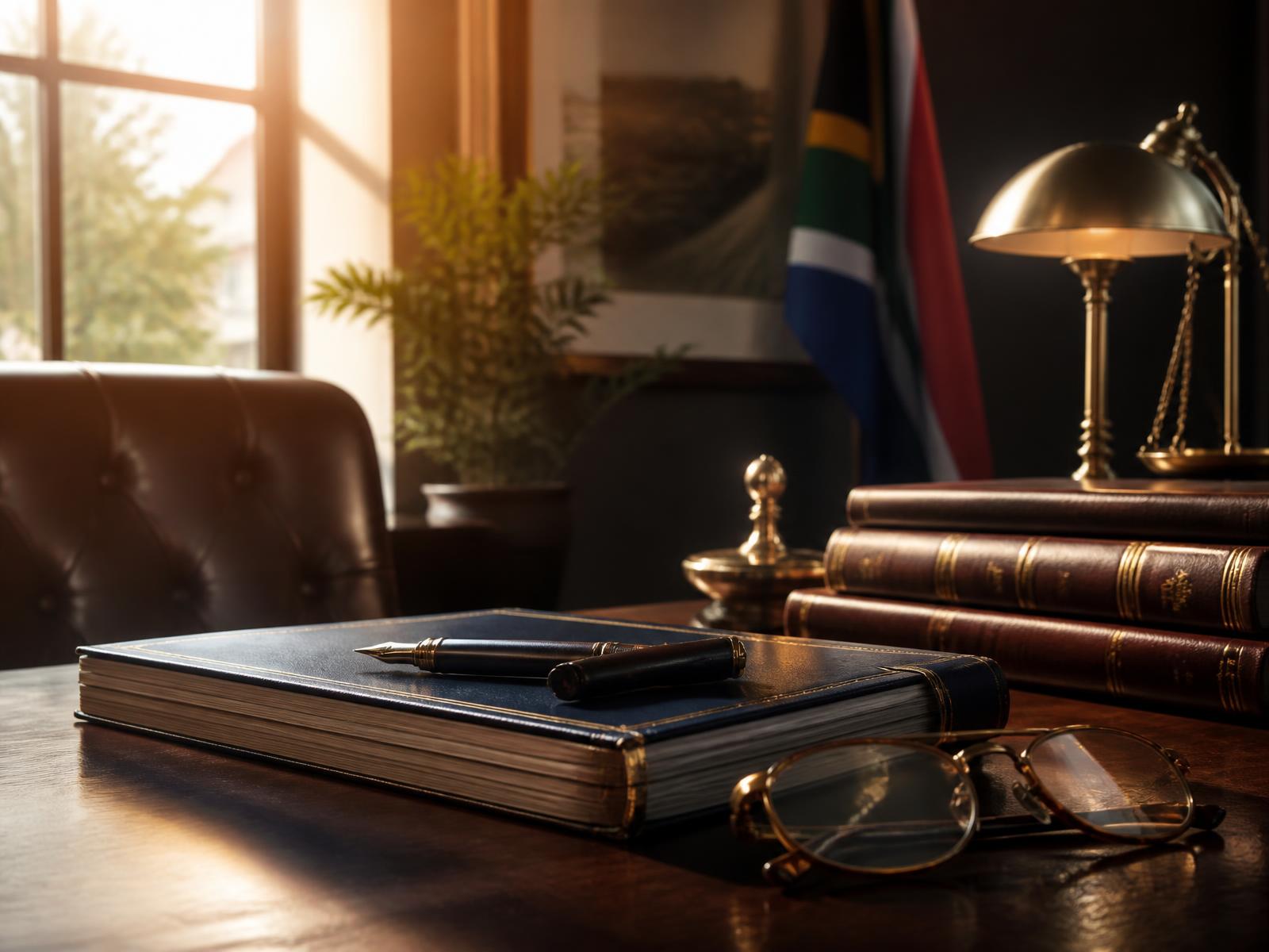 Attorney's desk with a will, fountain pen and reading glasses in warm afternoon light
