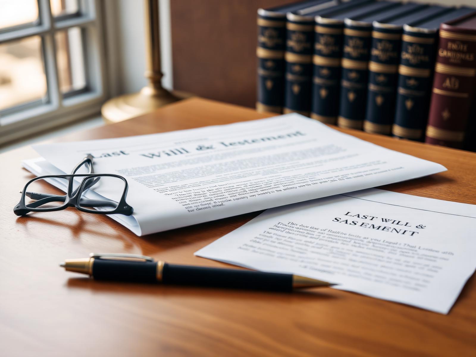 Attorney's desk with a last will and testament, trust deed and gold pen